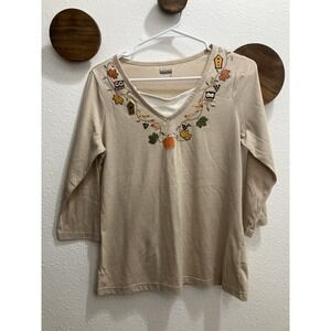 Women's‎ Basic Editions Embroidered Fall Pumpkins Owls Birds Shirt Small